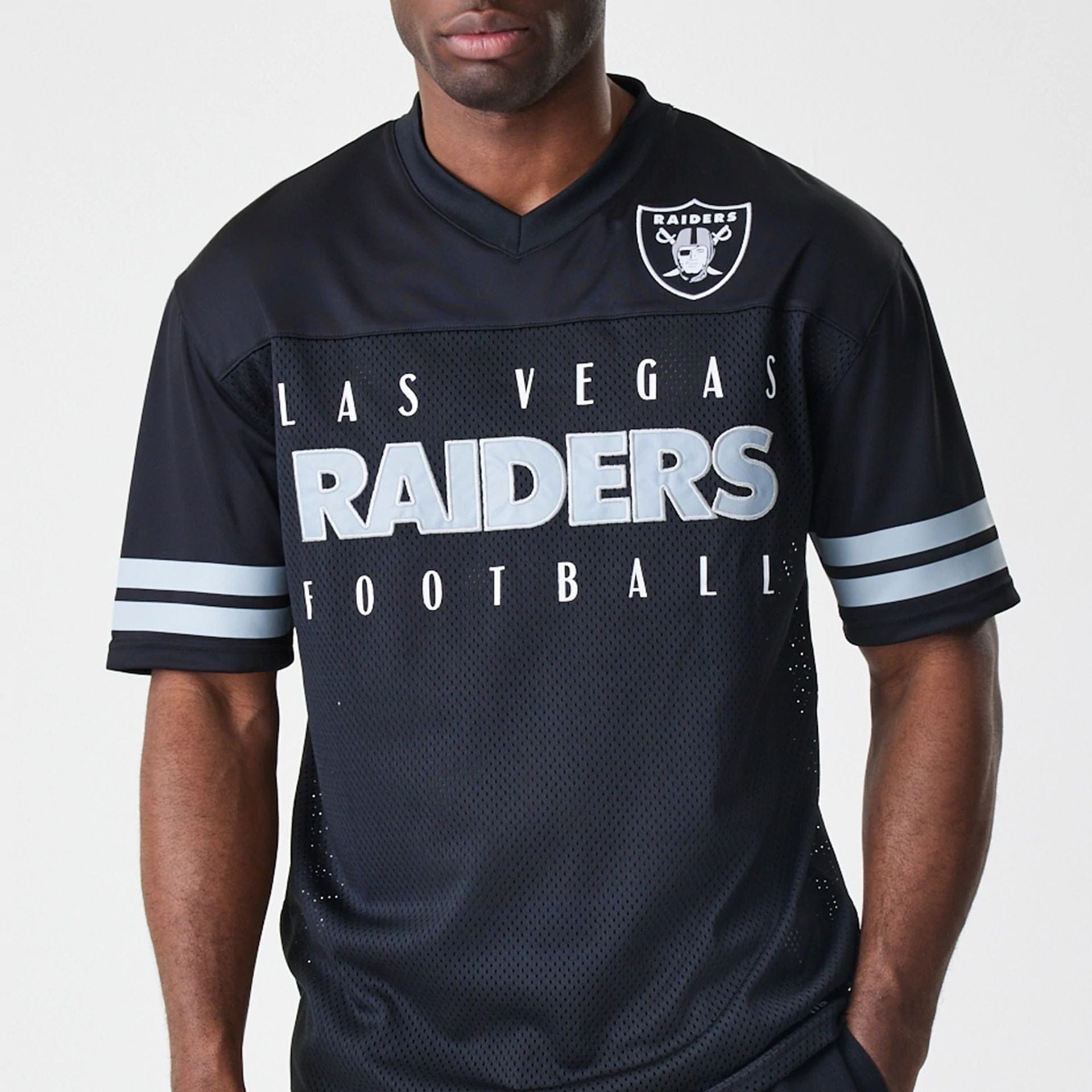 The Male model is wearing Las Vegas Raiders NFL Mesh Black Jersey  3