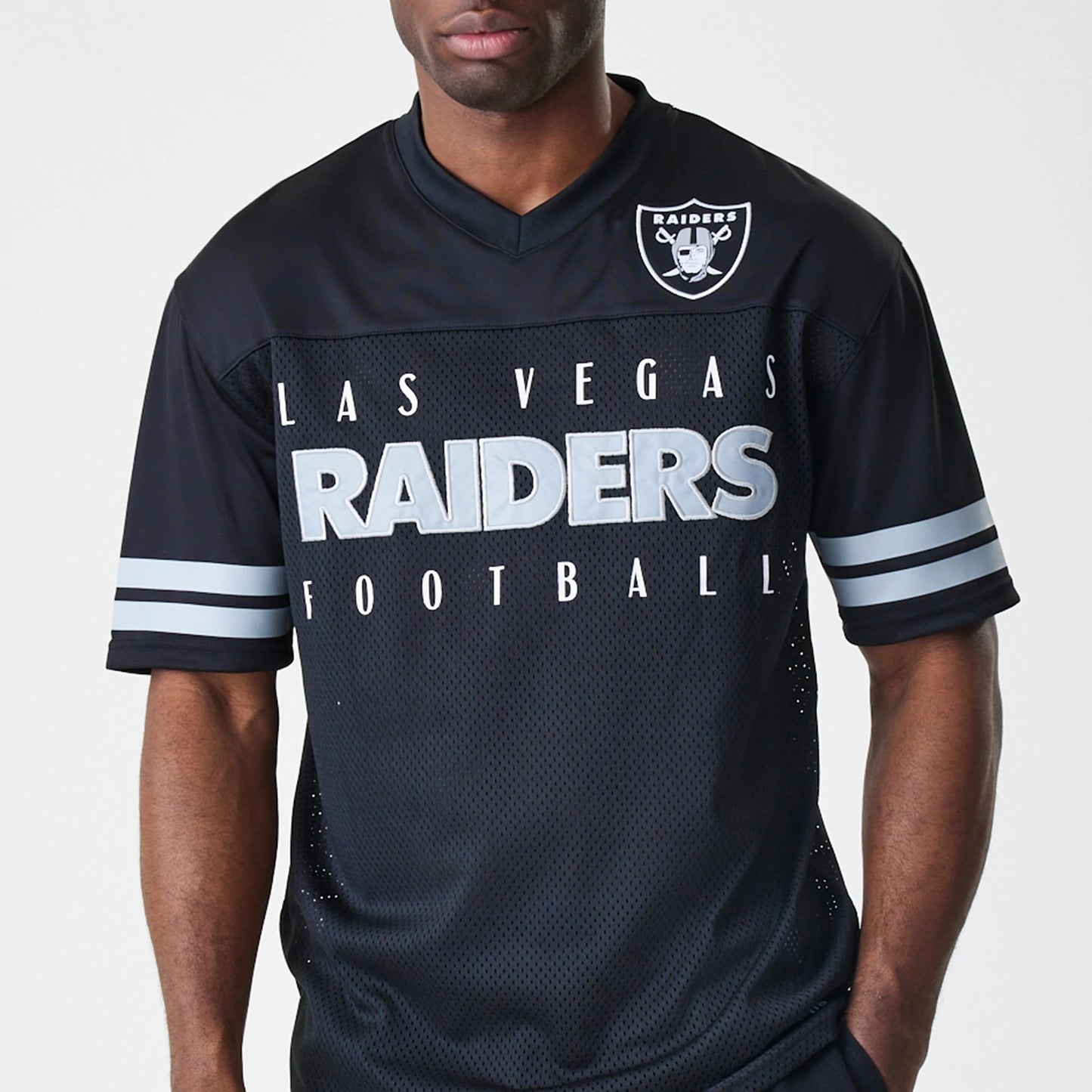 The Male model is wearing Las Vegas Raiders Script NFL Mesh Black Jersey 3