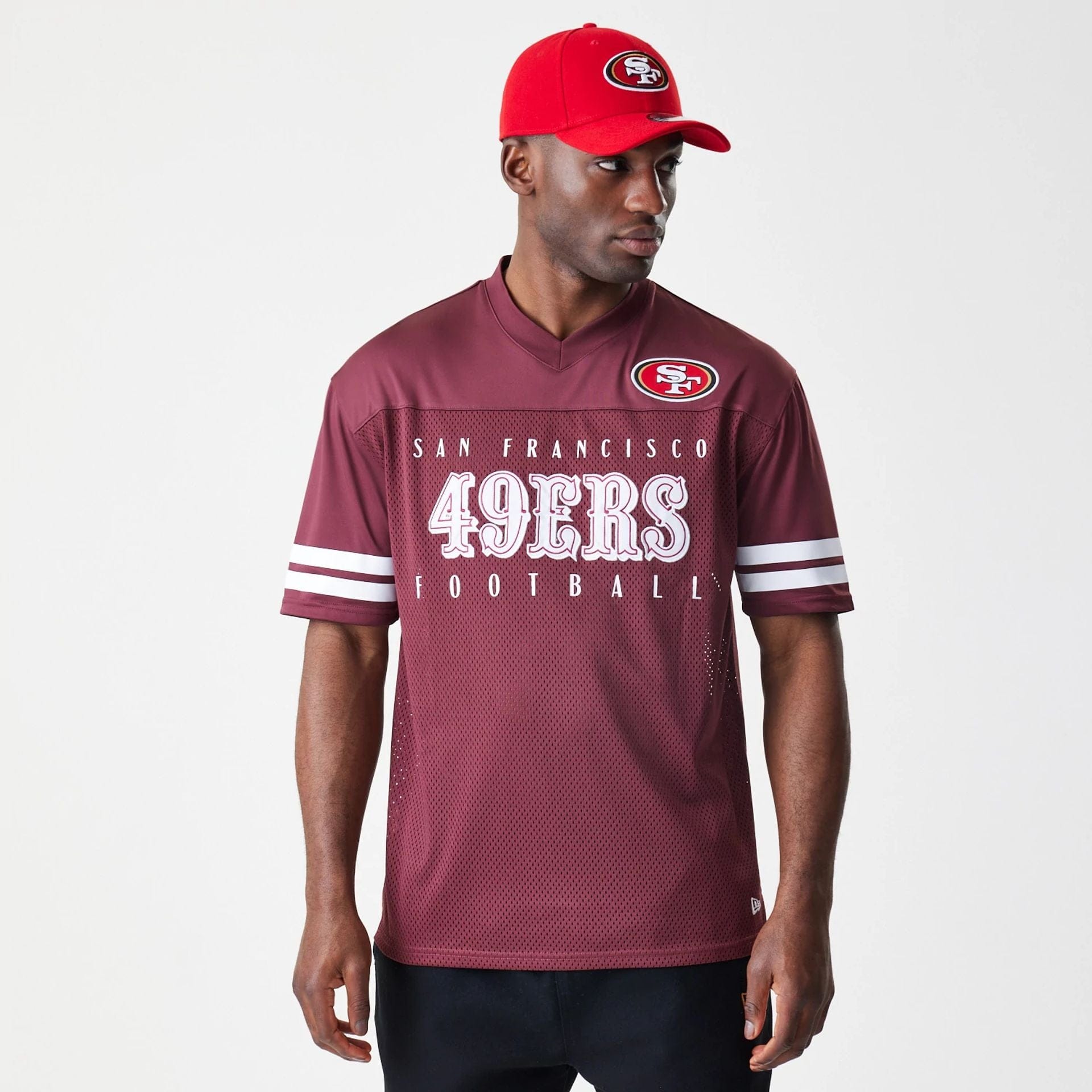 The Male model is wearing San Francisco 49ers NFL Mesh Dark Red Jersey  3
