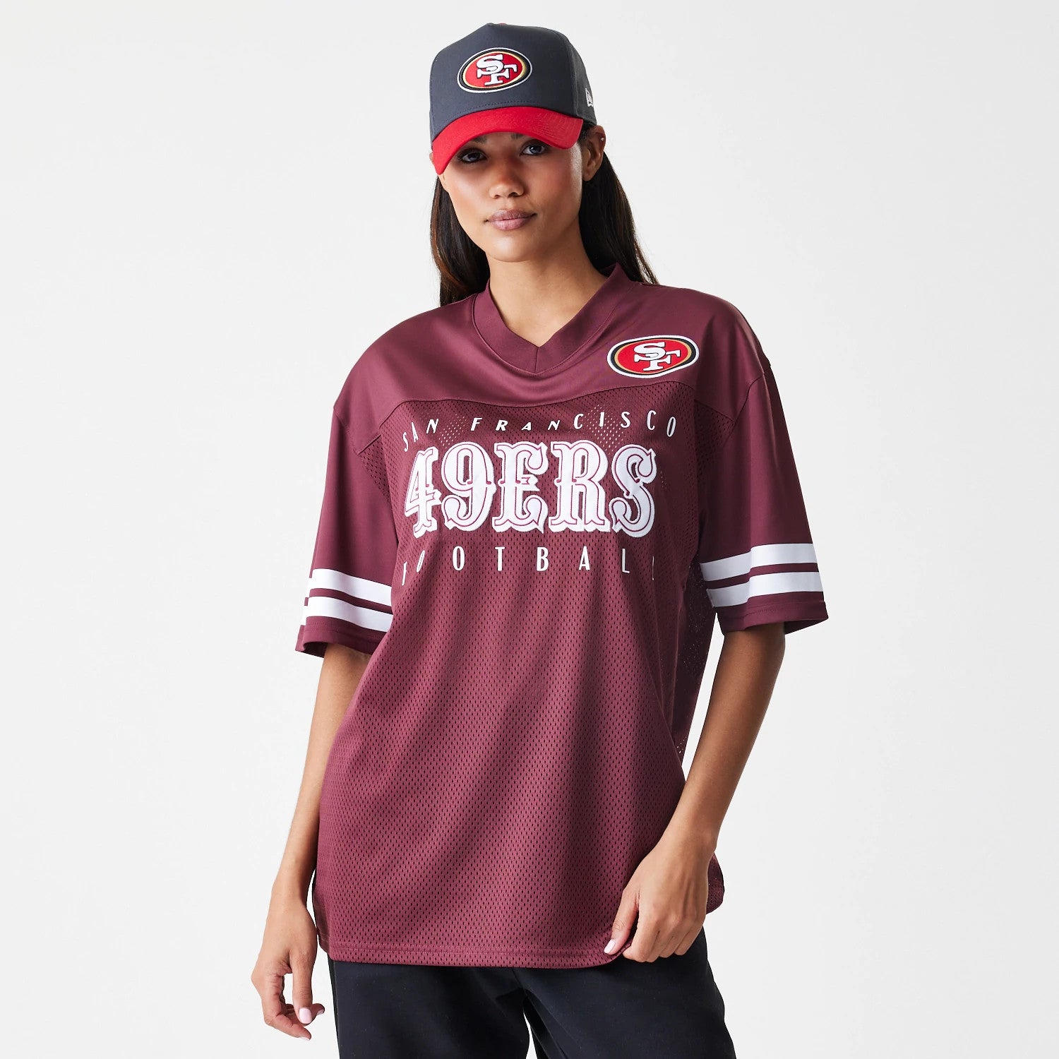 The Male model is wearing San Francisco 49ers NFL Mesh Dark Red Jersey 4