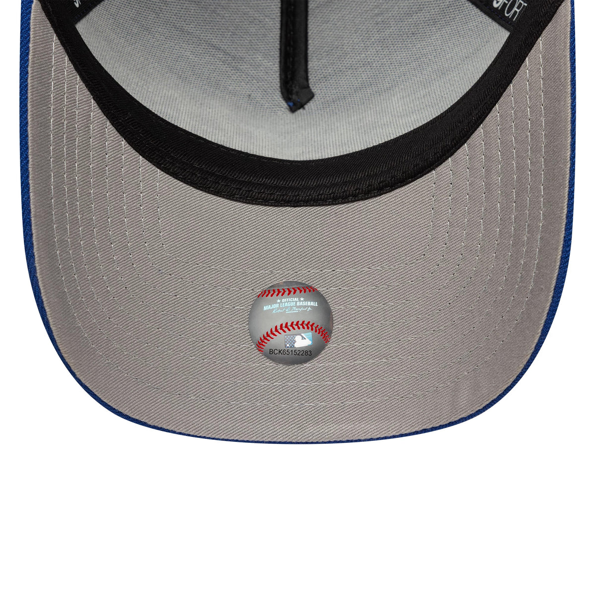 LA Dodgers MLB Poly Kanji Blue New Era 9FORTY A-Frame Adjustable Cap, inside view showing the grey undervisor, black sweatband with New Era branding, and a baseball graphic sticker at the centre.