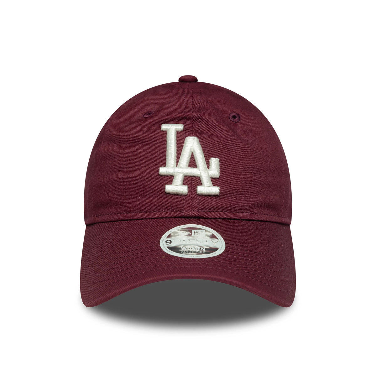 LA Dodgers Womens MLB League Essential Dark Red New Era 9TWENTY Adjustable Cap, front view showing the white raised embroidered LA logo on the structured dark red crown and the 9TWENTY size sticker on the curved visor.