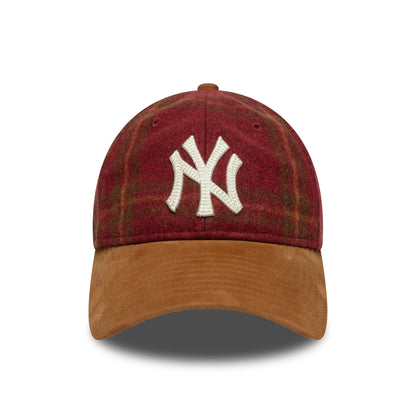 New York Yankees MLB Loden Suede Dark Red New Era 9TWENTY Adjustable Cap, front view showing the white raised embroidered NY logo on the centre of the dark red crown, with a contrasting brown suede curved visor.