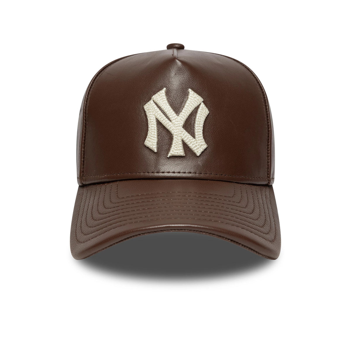 New York Yankees MLB Leather Dark Brown New Era 9FORTY E-Frame Adjustable Cap, front view showing the white embroidered NY logo on the structured leather crown and a curved dark brown visor with detailed stitching.