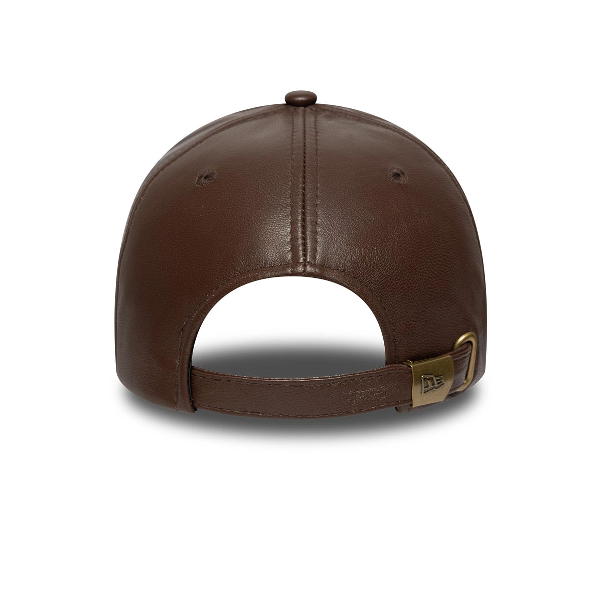 New York Yankees MLB Leather Dark Brown New Era 9FORTY E-Frame Adjustable Cap, rear view showing the brass adjuster with a New Era logo on the leather strap, top button and eyelets on the dark brown leather crown.