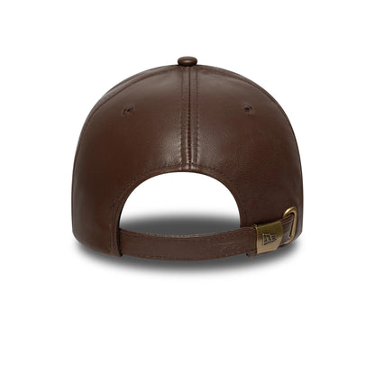 New York Yankees MLB Leather Dark Brown New Era 9FORTY E-Frame Adjustable Cap, rear view showing the brass adjuster with a New Era logo on the leather strap, top button and eyelets on the dark brown leather crown.