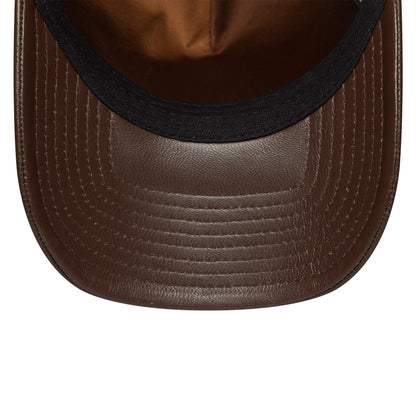 New York Yankees MLB Leather Dark Brown New Era 9FORTY E-Frame Adjustable Cap, inside view showing the brown undervisor, brown interior panels, and the black sweatband with stitching details.