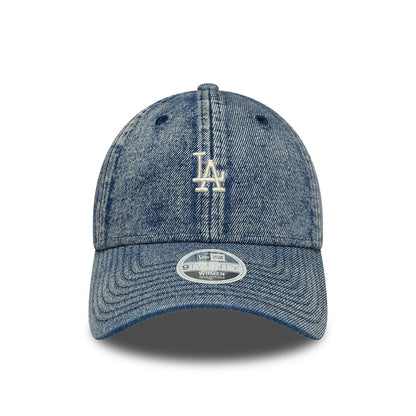 LA Dodgers Womens MLB Denim Blue New Era 9TWENTY Adjustable Cap, front view showing a white raised embroidered LA logo on the soft blue denim crown, with a curved visor and a 9TWENTY size sticker on the visor.
