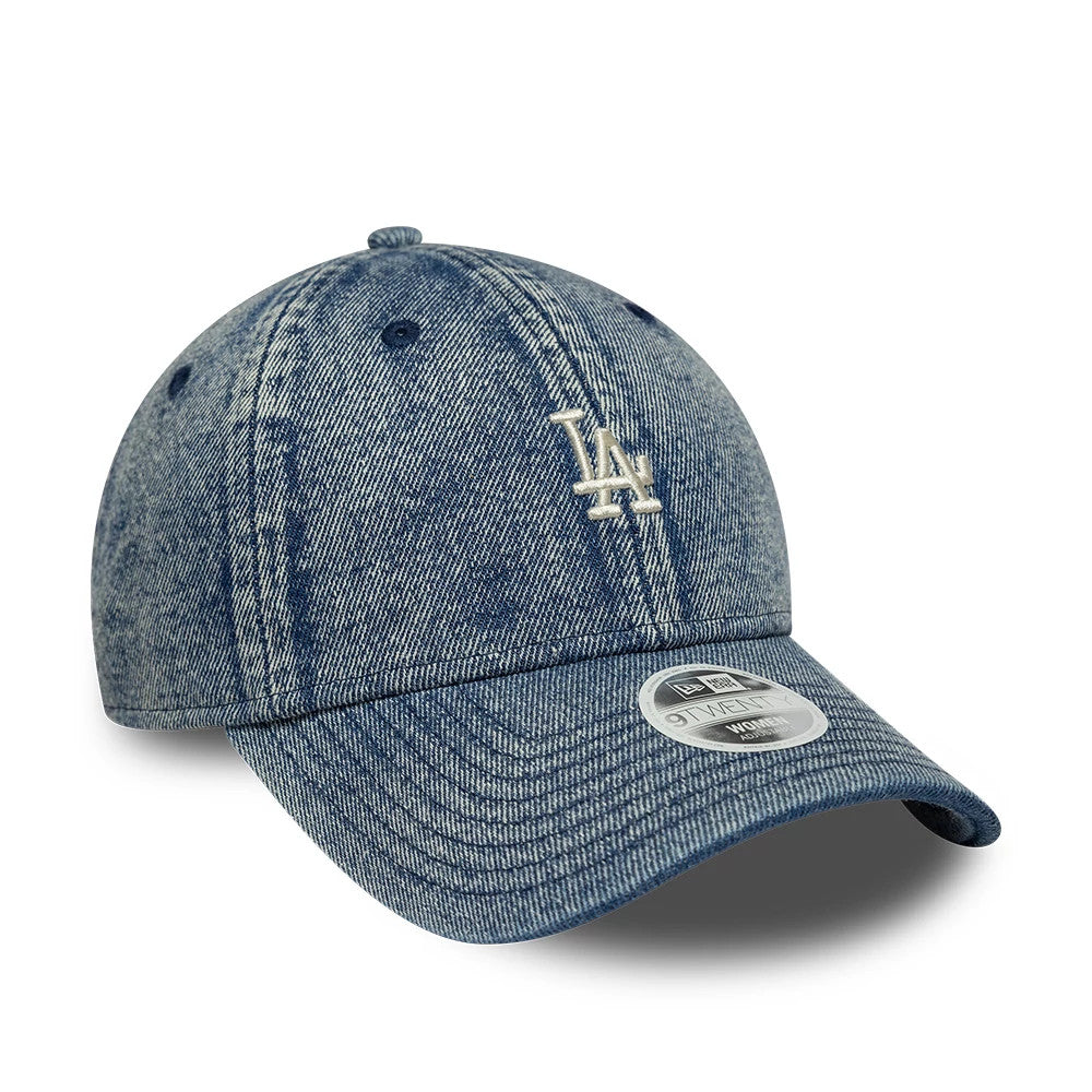 LA Dodgers Womens MLB Denim Blue New Era 9TWENTY Adjustable Cap, three-quarter view showing the white embroidered LA logo on the front panel, denim blue visor, and the 9TWENTY size sticker on the curved visor.