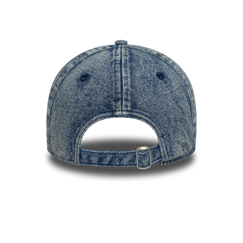 LA Dodgers Womens MLB Denim Blue New Era 9TWENTY Adjustable Cap, rear view showing the denim fabric pattern, silver buckle strap for adjusting fit, and curved visor with eyelets and top button.