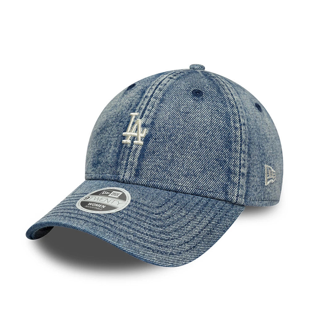 LA Dodgers Womens MLB Denim Blue New Era 9TWENTY Adjustable Cap, front view showing the white embroidered LA logo on the washed denim crown, with a curved visor and a grey 9TWENTY size sticker on the top.
