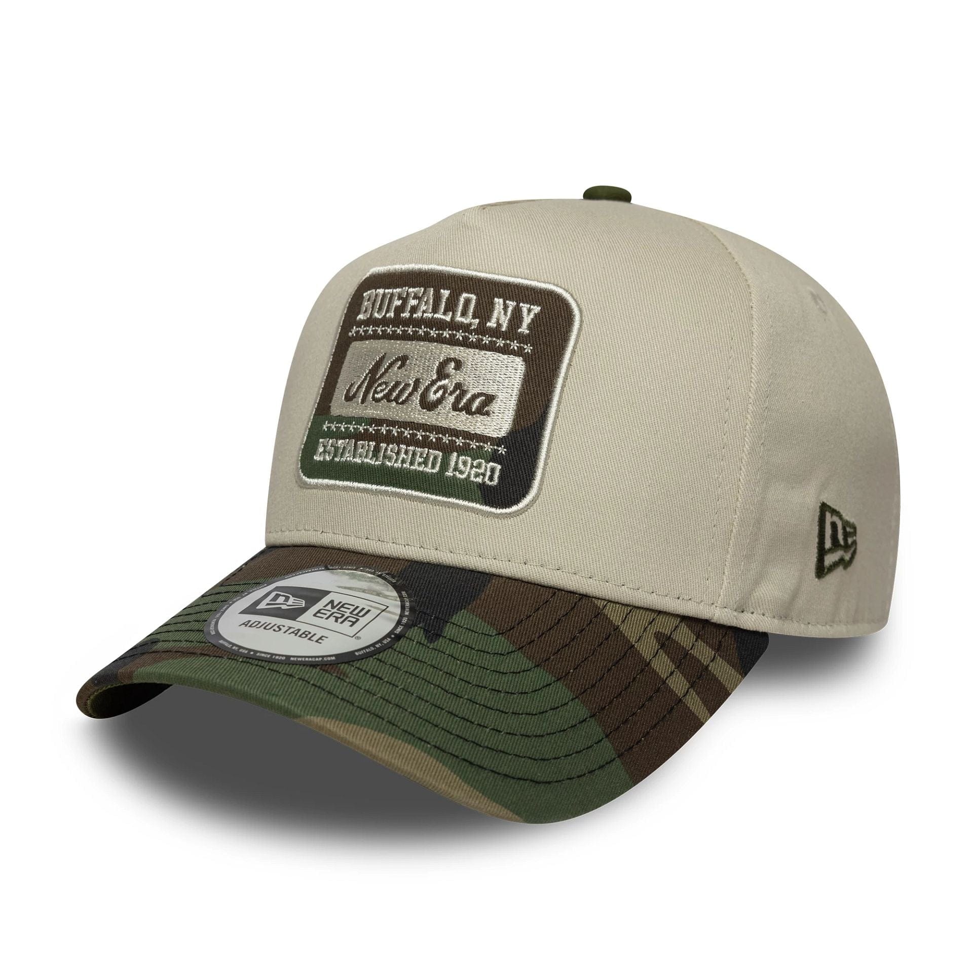 This is a  New Era Camo Patch Cream 9FORTY E-Frame Adjustable Cap 1