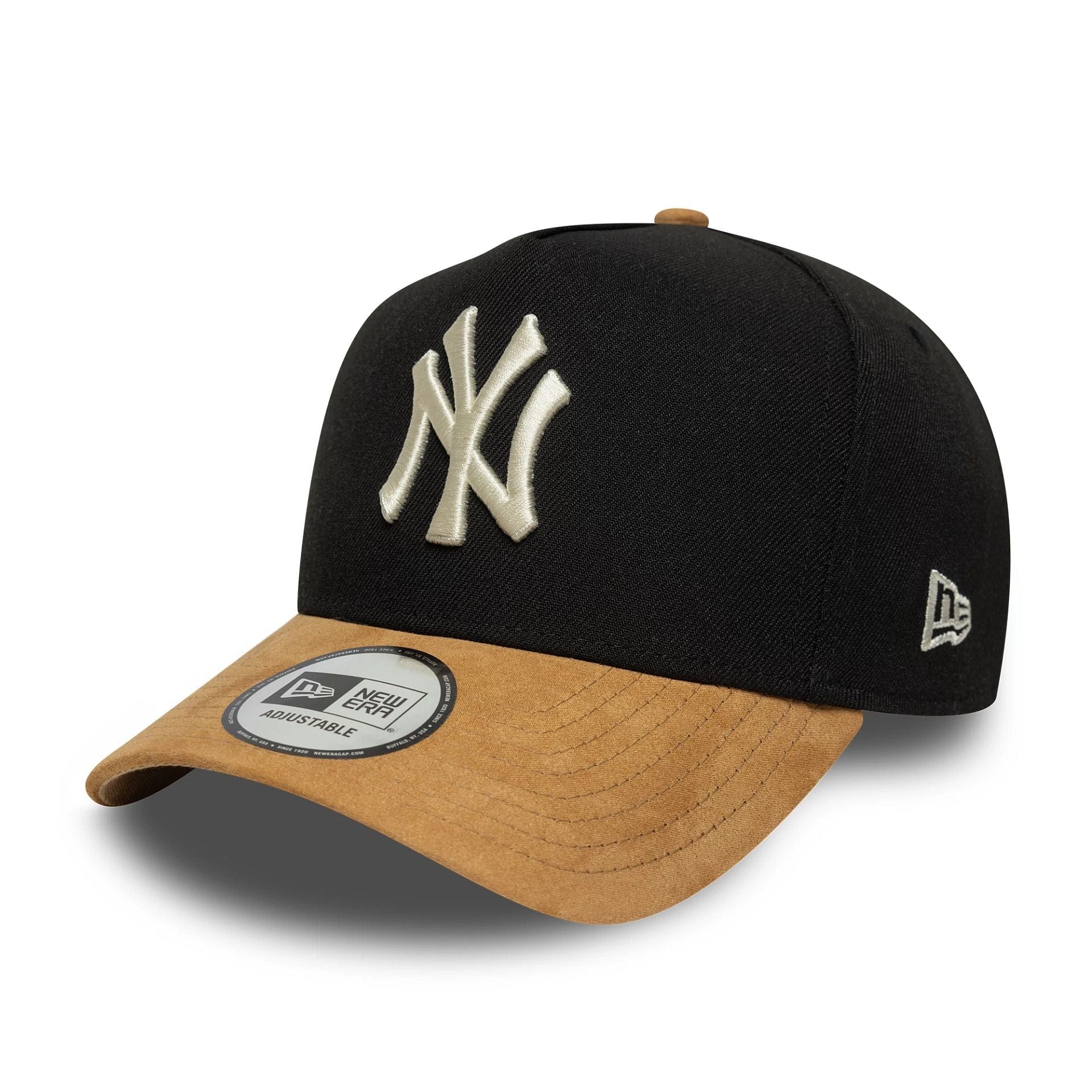 This is a New York Yankees MLB Suede Visor Black 9FORTY E-Frame Adjustable Cap 1