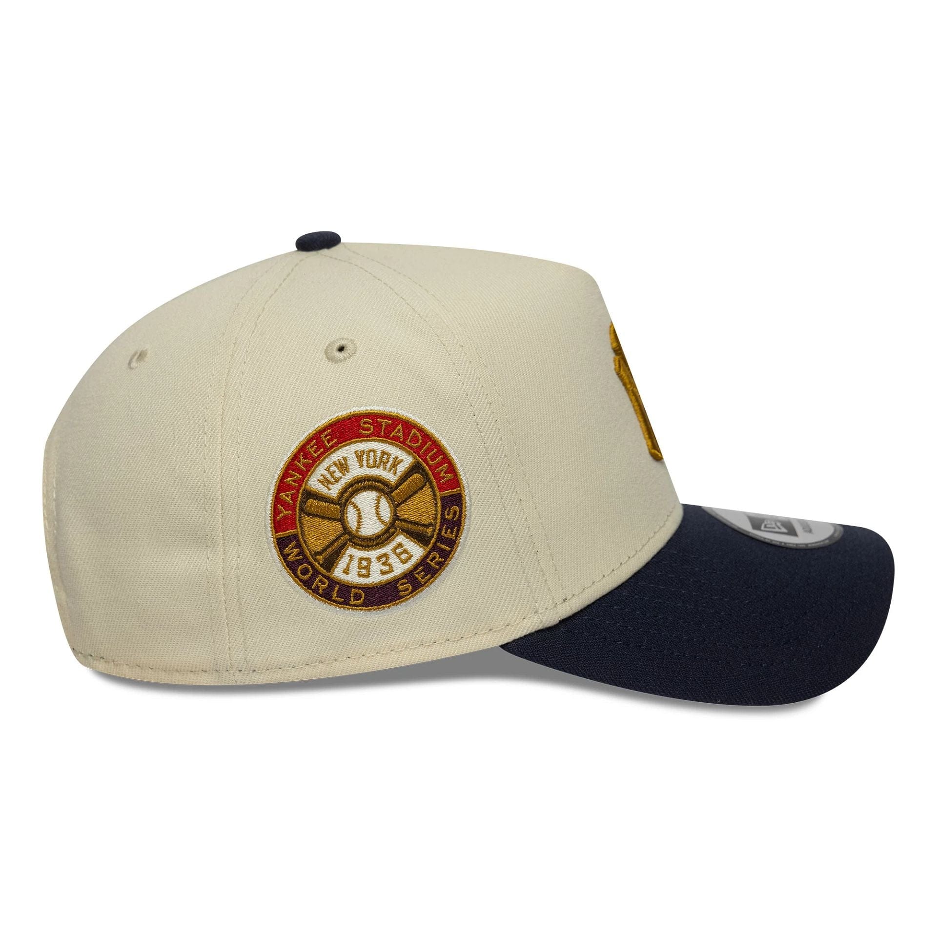 This is a New York Yankees MLB World Series Patch Cream 9FORTY E-Frame Adjustable Cap 5