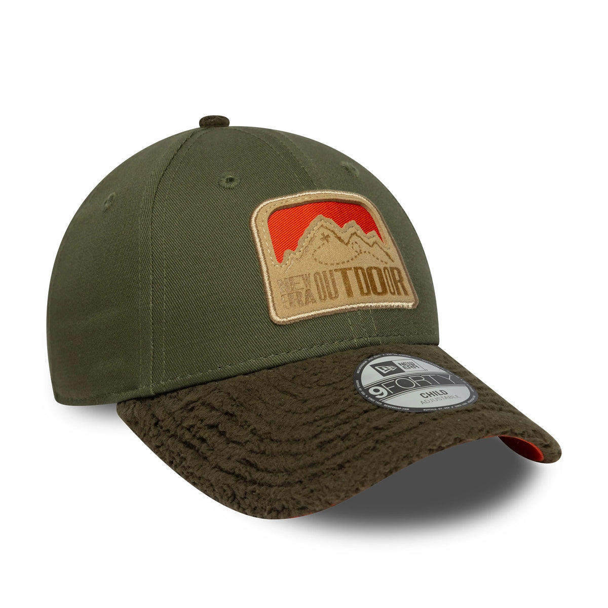 Child New Era Outdoor Green 9FORTY Adjustable Cap, three-quarter view showing a front patch with a red mountain design, a textured dark green visor, and a 9FORTY size sticker on the left side.
