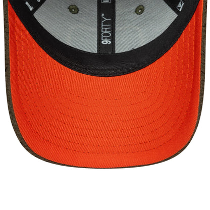 Child New Era Outdoor Green 9FORTY Adjustable Cap, inside view showing black 9FORTY taping across the grey panels, an orange undervisor and the cap's structured crown construction.