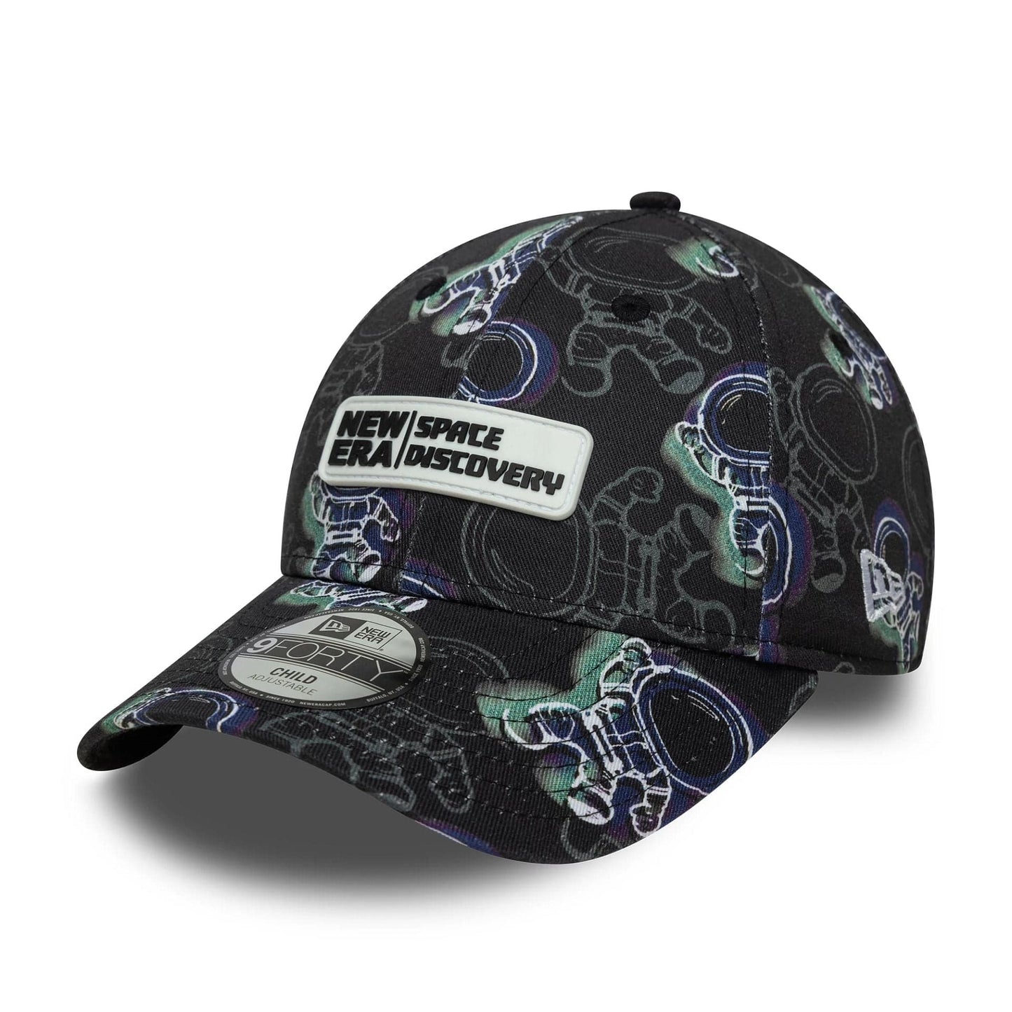 This is a  Child New Era Space All Over Print Black 9FORTY Adjustable Cap 1