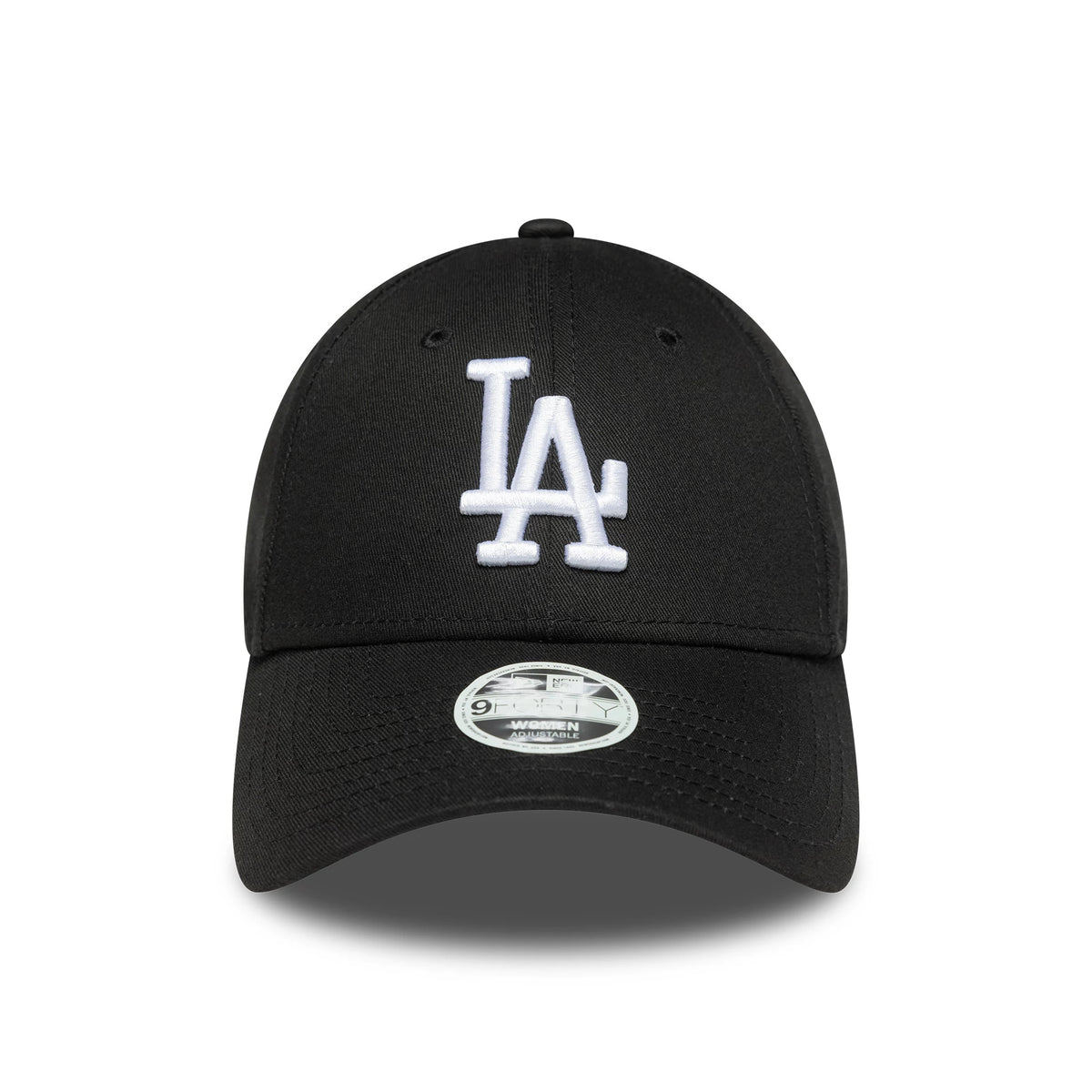 LA Dodgers Womens MLB League Essential Black New Era 9FORTY Adjustable Cap, front view showing raised white LA logo embroidery on black front panel with curved black visor and 9FORTY size sticker centrally placed.