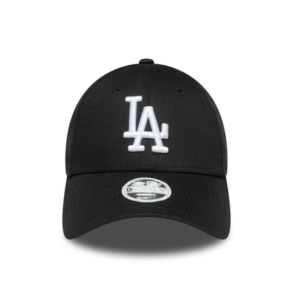 LA Dodgers Womens MLB League Essential Black New Era 9FORTY Adjustable Cap, front view showing raised white LA logo embroidery on black front panel with curved black visor and 9FORTY size sticker centrally placed.