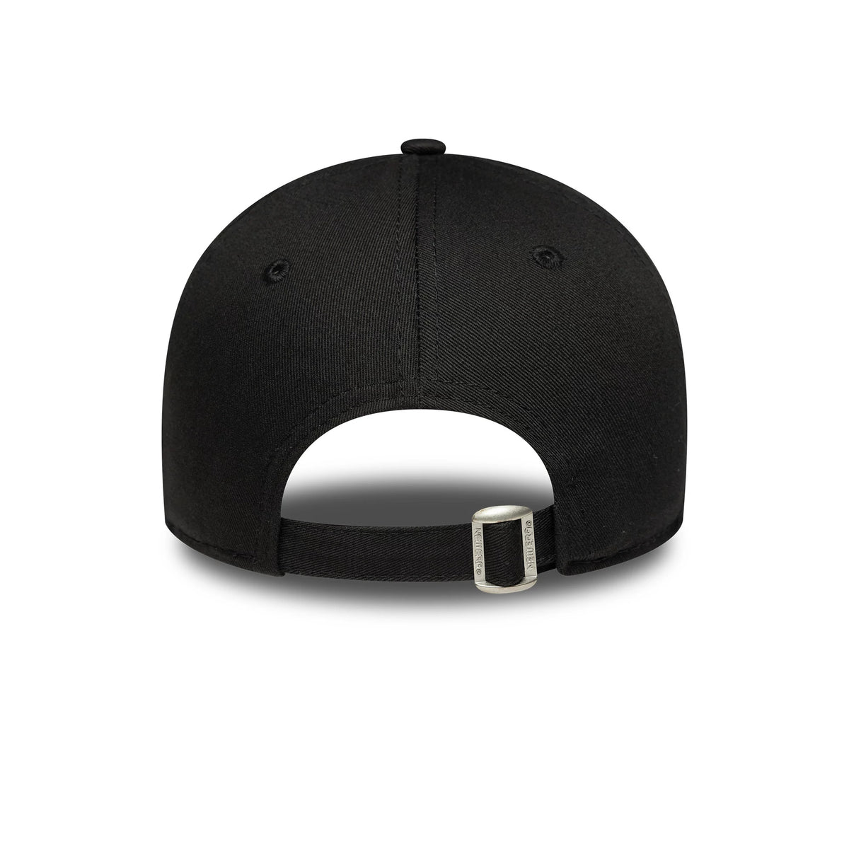 LA Dodgers Womens MLB League Essential Black New Era 9FORTY Adjustable Cap, rear view showing the black adjustable strap with a silver buckle, emphasising the streamlined black crown and matching eyelets.