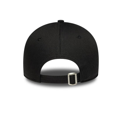 LA Dodgers Womens MLB League Essential Black New Era 9FORTY Adjustable Cap, rear view showing the black adjustable strap with a silver buckle, emphasising the streamlined black crown and matching eyelets.