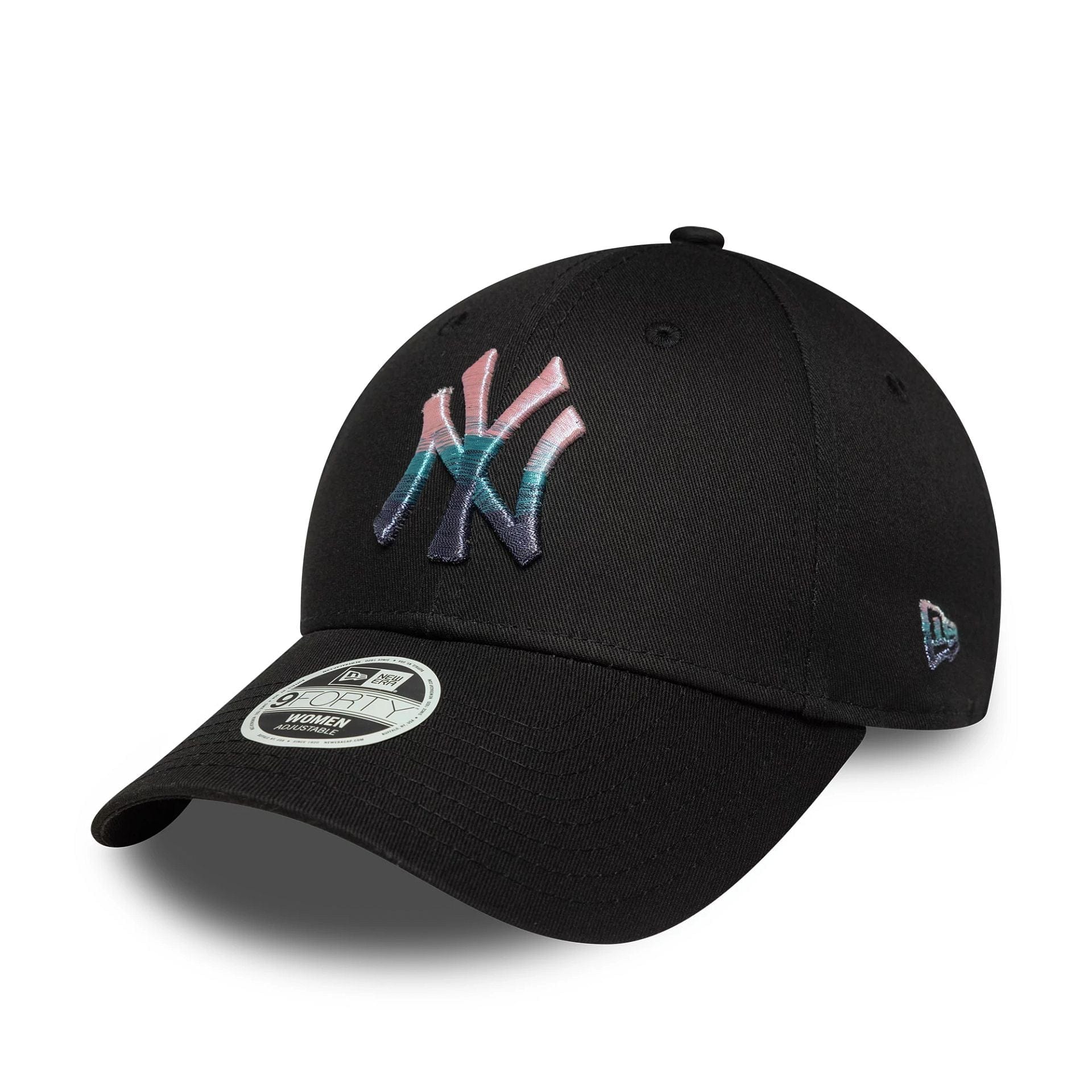 This is a New York Yankees Womens MLB Metallic Logo Black 9FORTY Adjustable Cap 1