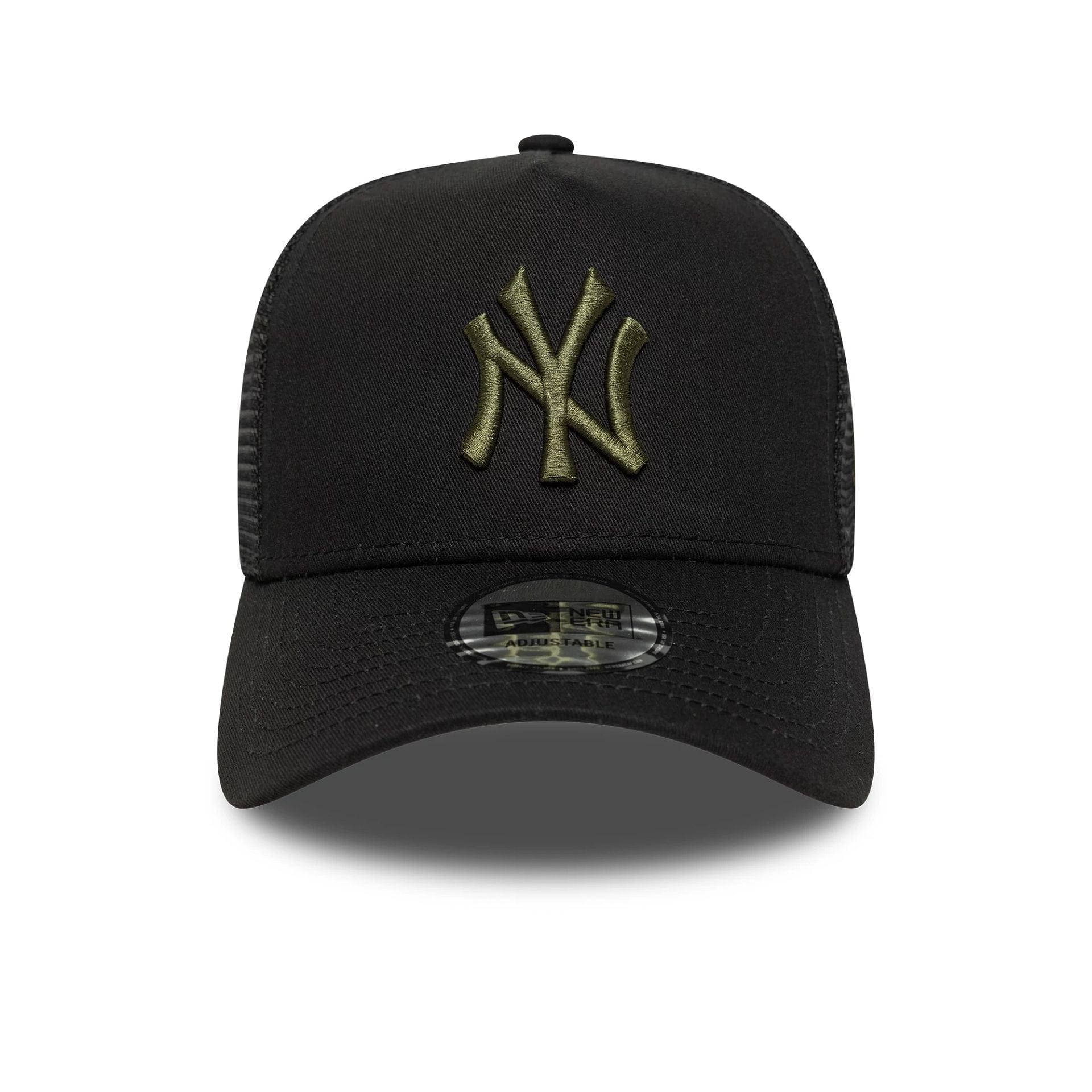 This is a New York Yankees MLB League Essential Black 9FORTY A-Frame Trucker Adjustable Cap 2