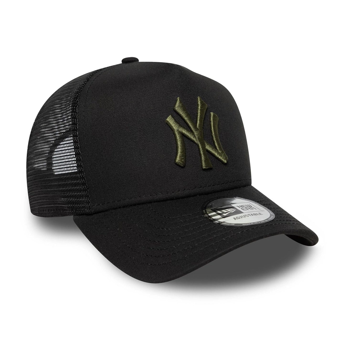 This is a New York Yankees MLB League Essential Black 9FORTY A-Frame Trucker Adjustable Cap 3