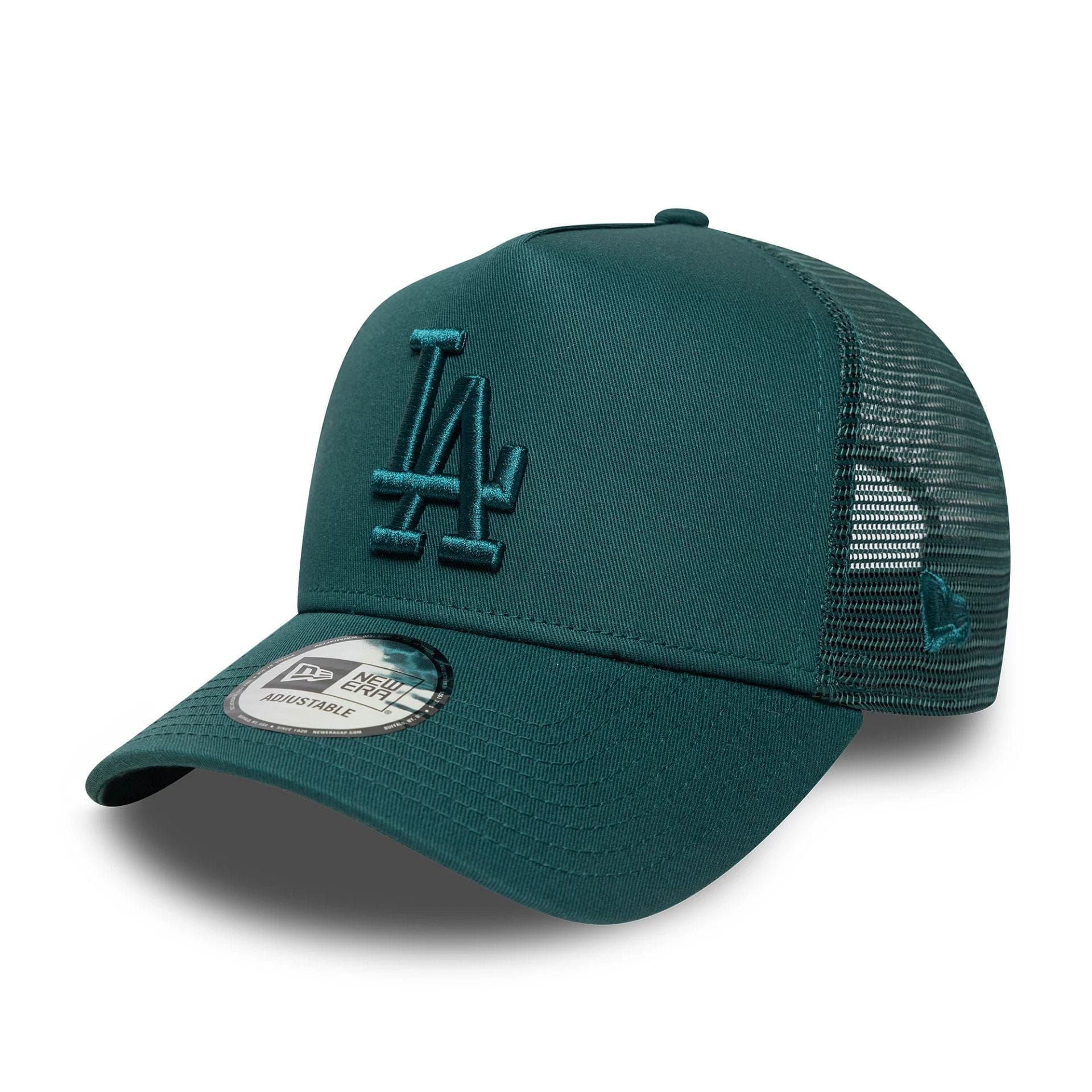 This is a LA Dodgers MLB League Essential Dark Green 9FORTY A-Frame Trucker Adjustable Cap 1