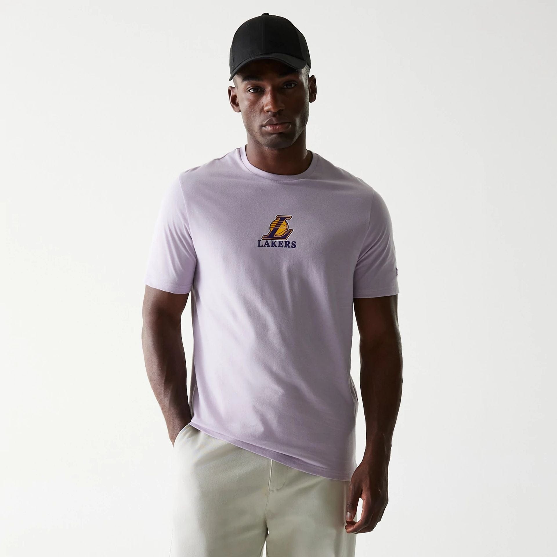 The Male model is wearing LA Lakers NBA Pastel Purple T-Shirt 1