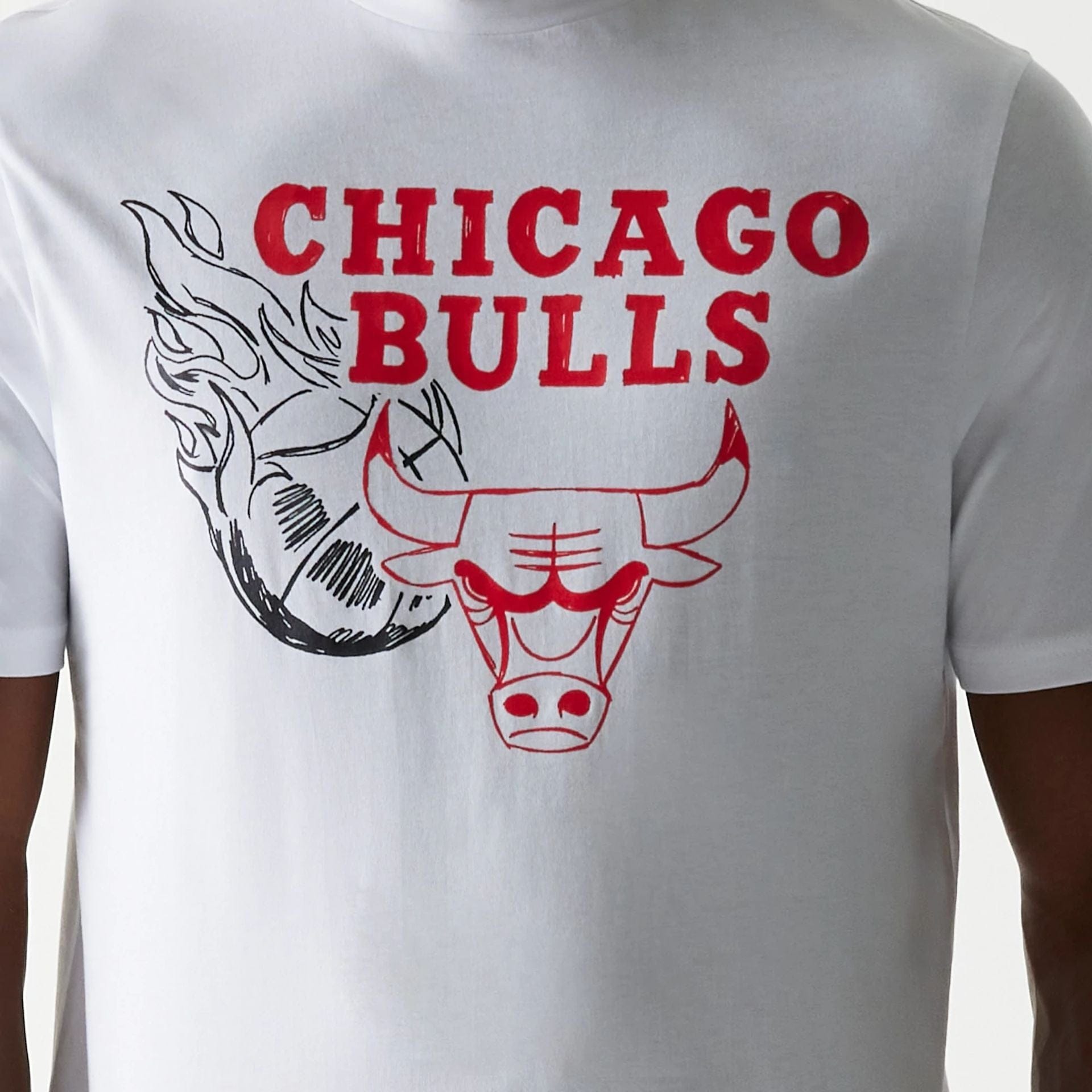 The Male model is wearing Chicago Bulls NBA Flame Graphic White T-Shirt 4