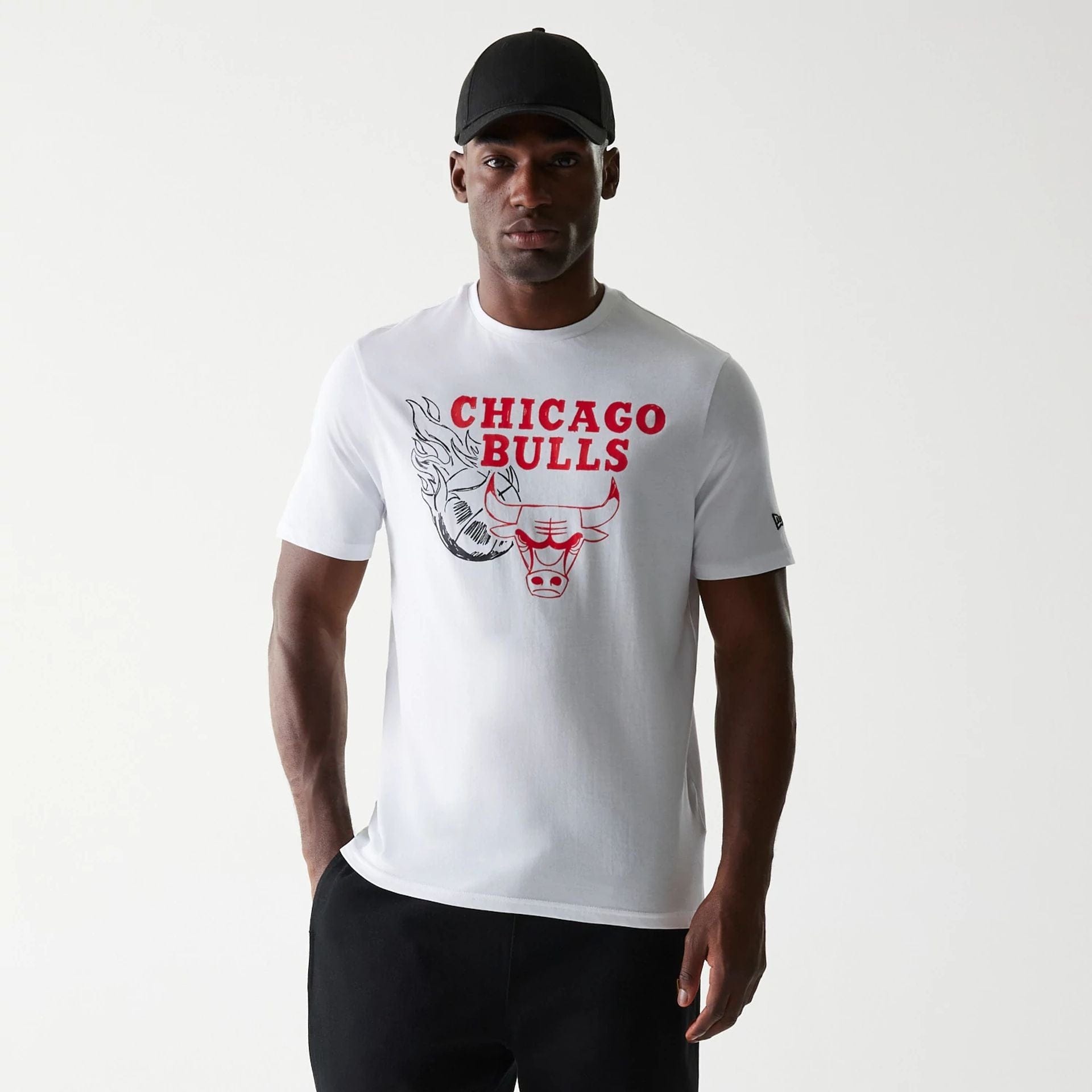 The Male model is wearing Chicago Bulls NBA Flame Graphic White T-Shirt 1