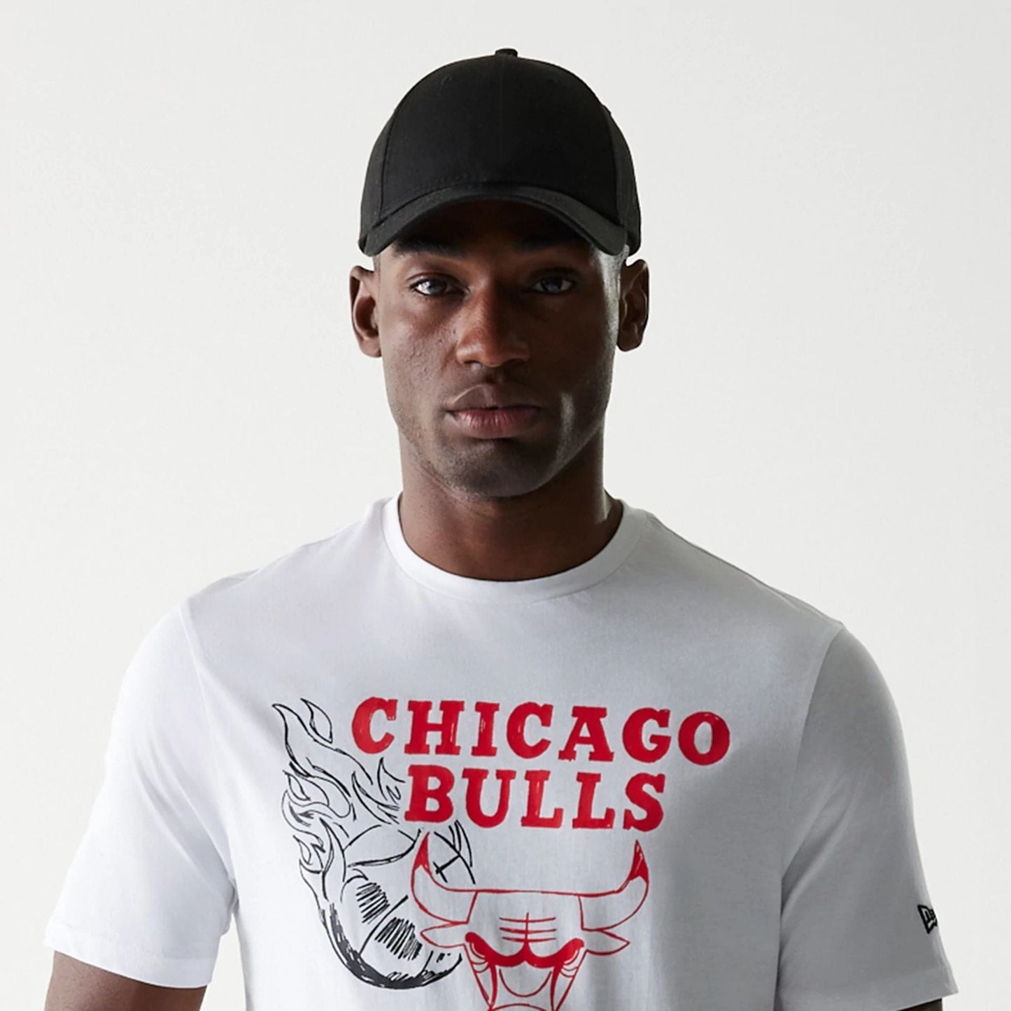 The Male model is wearing Chicago Bulls NBA Flame Graphic White T-Shirt 6
