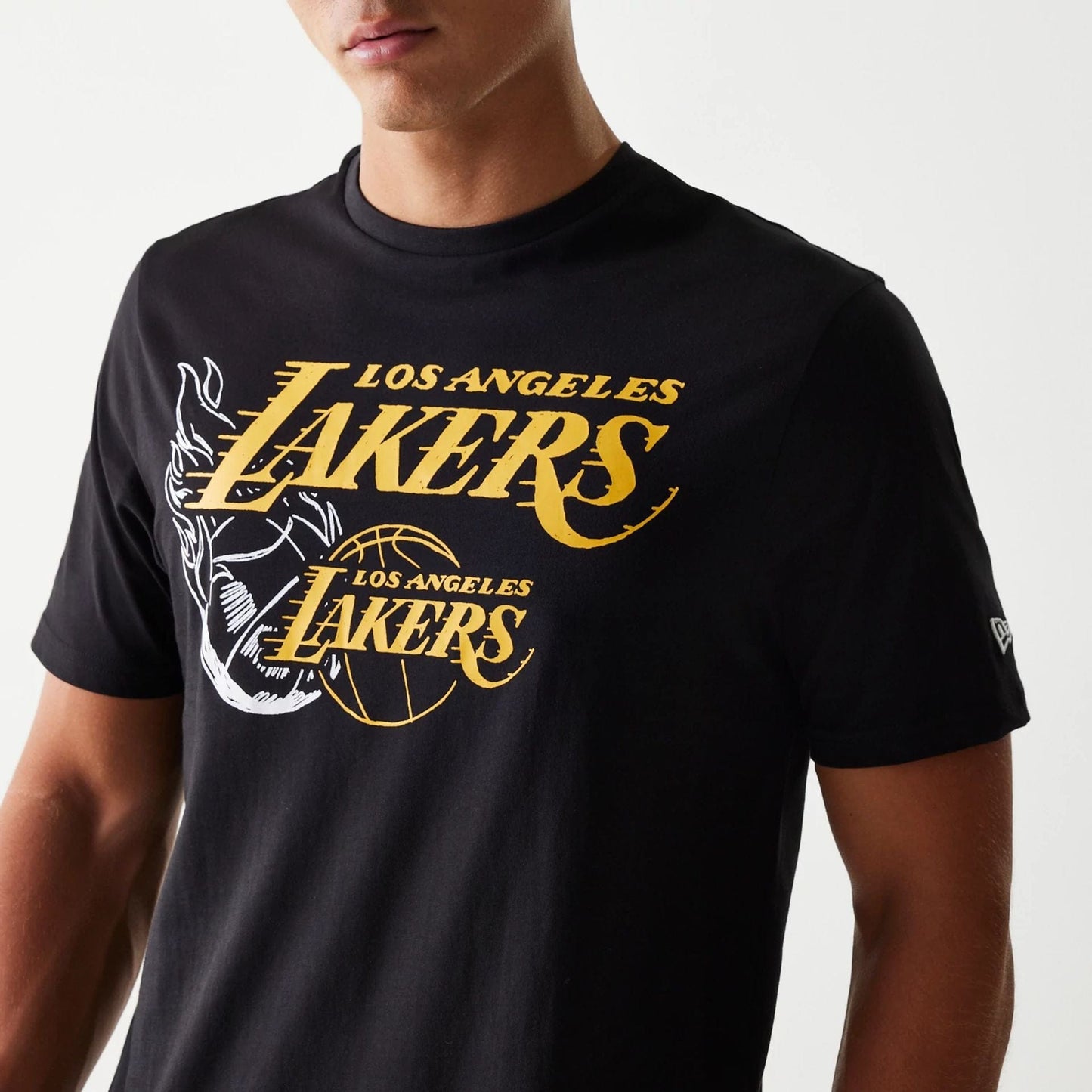 The Male model is wearing LA Lakers NBA Flame Graphic Black T-Shirt 3