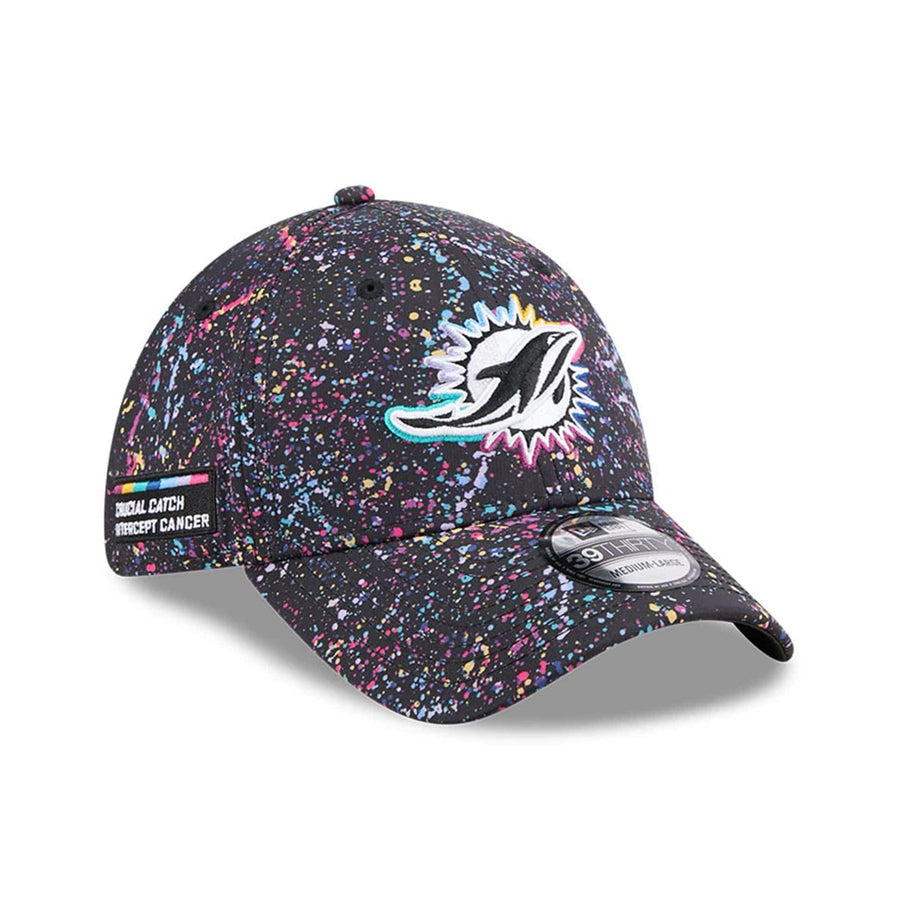 This is a Miami Dolphins NFL Crucial Catch 2025 Black 39THIRTY Stretch Fit Cap 1