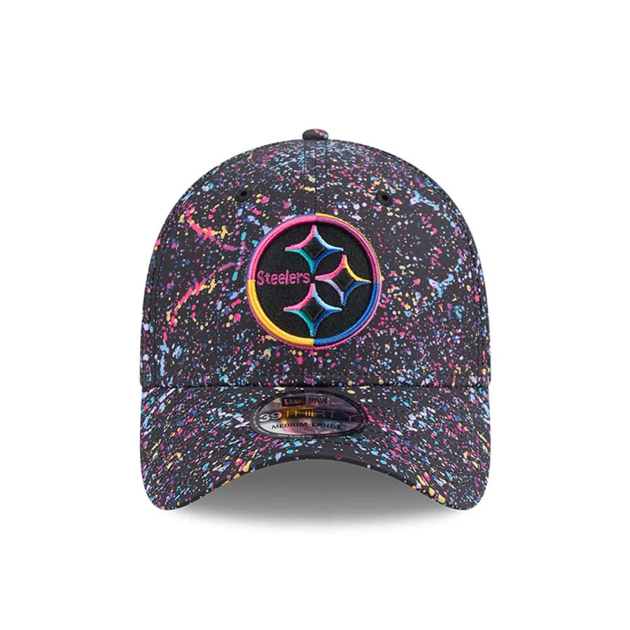 This is a Pittsburgh Steelers NFL Crucial Catch 2025 Black 39THIRTY Stretch Fit Cap 2