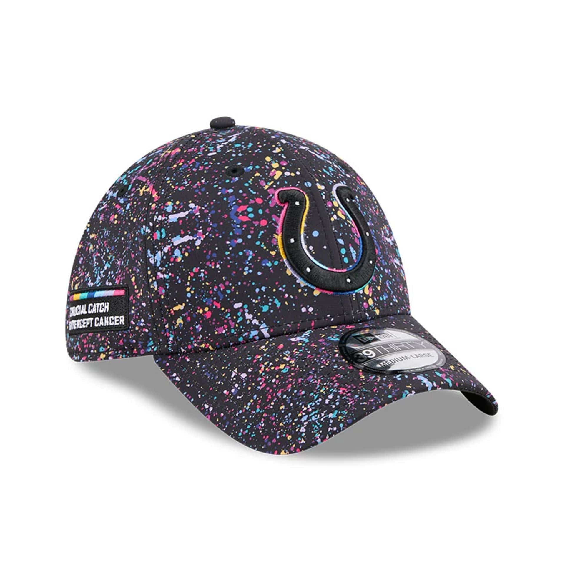 This is a Indianapolis Colts NFL Crucial Catch 2025 Black 39THIRTY Stretch Fit Cap 1
