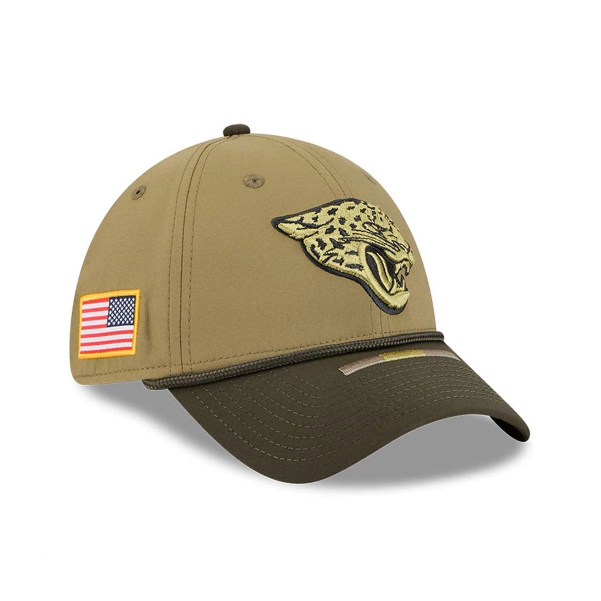 This is a Jacksonville Jaguars NFL Salute To Service 2025 Dark Green 39THIRTY Stretch Fit Cap 1