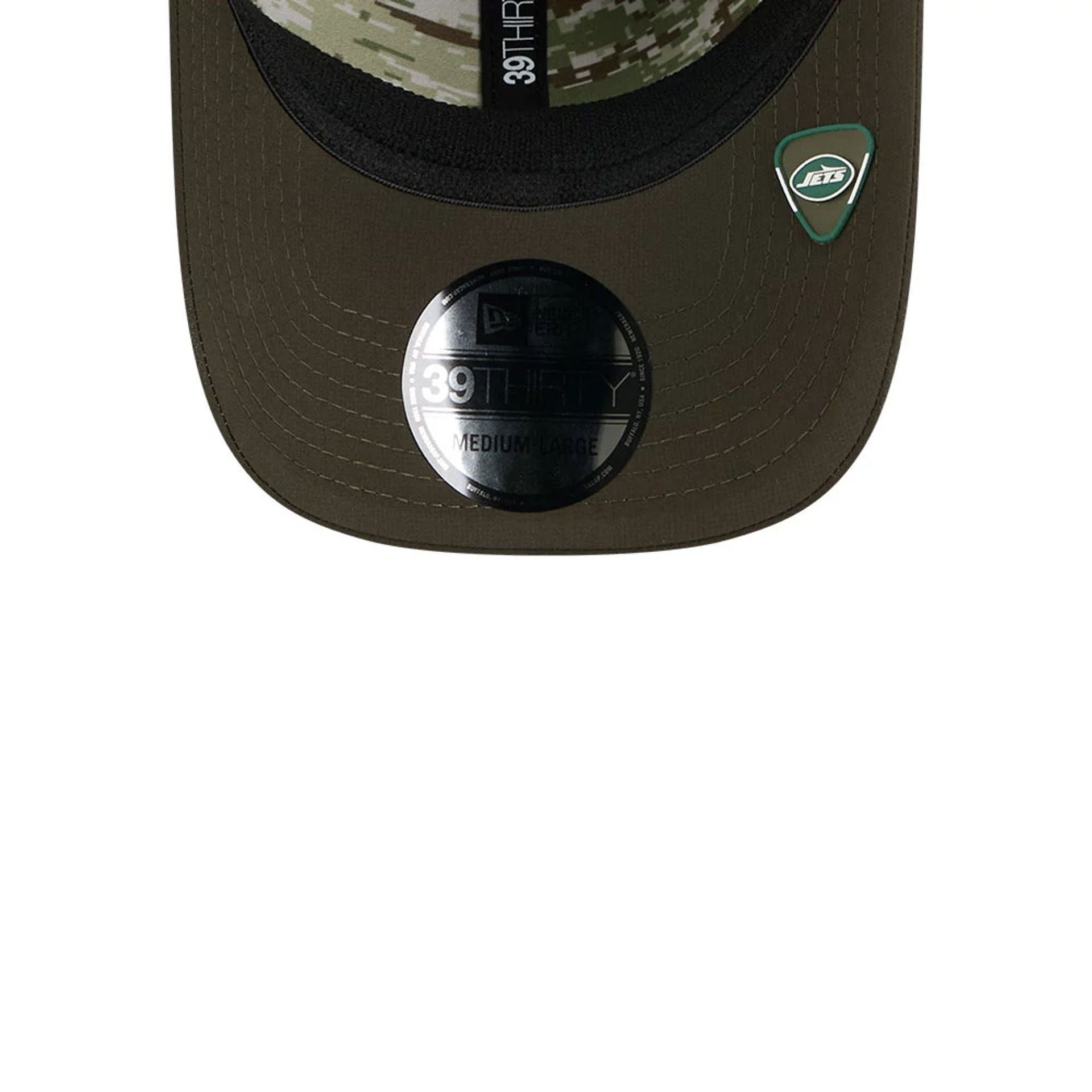 This is a New York Jets NFL Salute To Service 2025 Dark Green 39THIRTY Stretch Fit Cap 5