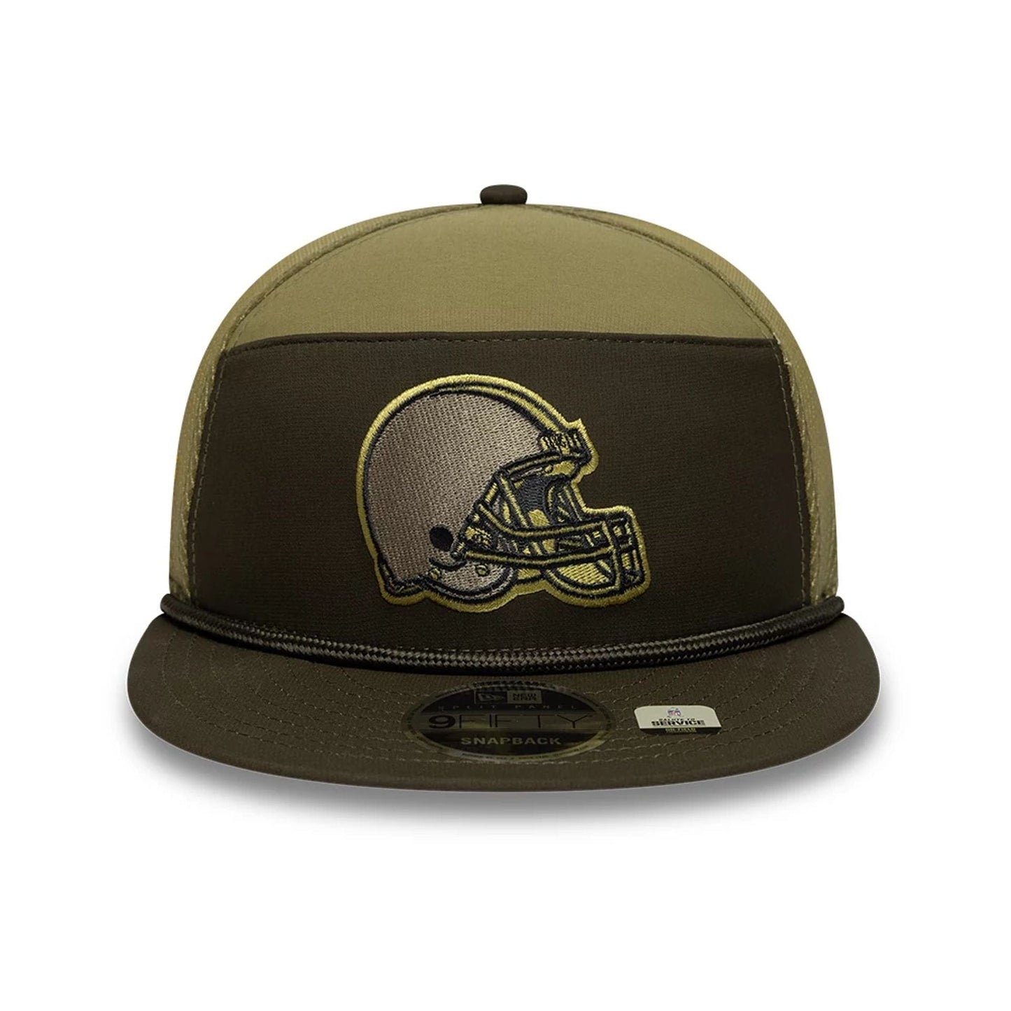 This is a Cleveland Browns NFL Salute To Service 2025 Dark Green 9FIFTY Split Panel Snapback Adjustable Cap 3