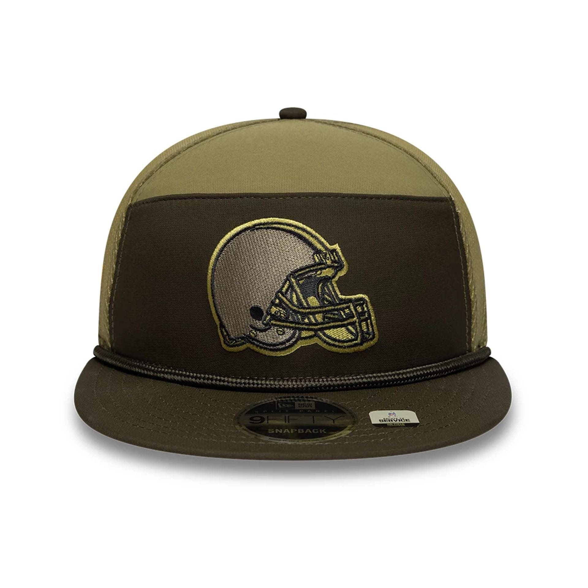 This is a Cleveland Browns NFL Salute To Service 2025 Dark Green 9FIFTY Split Panel Snapback Adjustable Cap 3