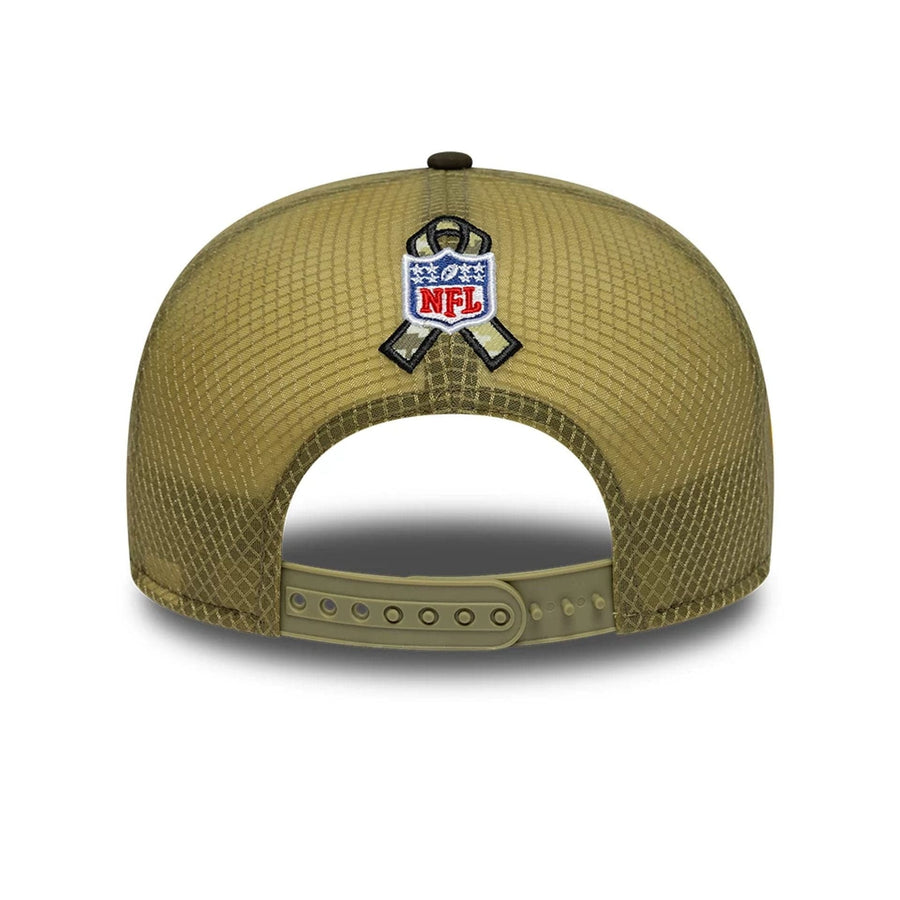 This is a Cleveland Browns NFL Salute To Service 2025 Dark Green 9FIFTY Split Panel Snapback Adjustable Cap 5