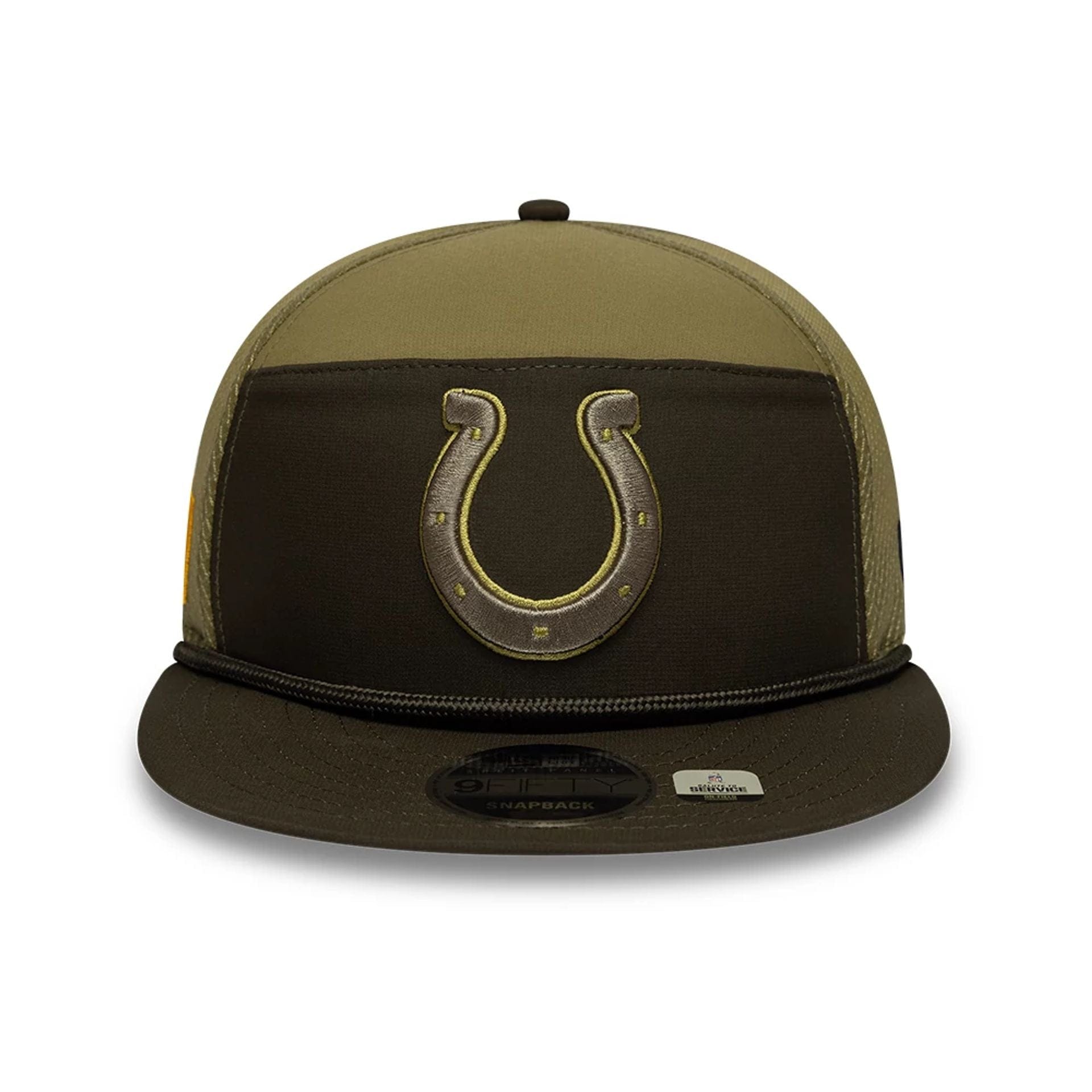 This is a Indianapolis Colts NFL Salute To Service 2025 Dark Green 9FIFTY Split Panel Snapback Adjustable Cap 3