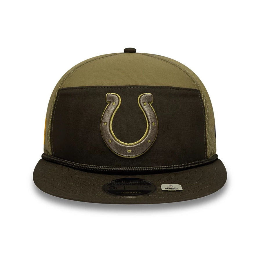 This is a Indianapolis Colts NFL Salute To Service 2025 Dark Green 9FIFTY Split Panel Snapback Adjustable Cap 3
