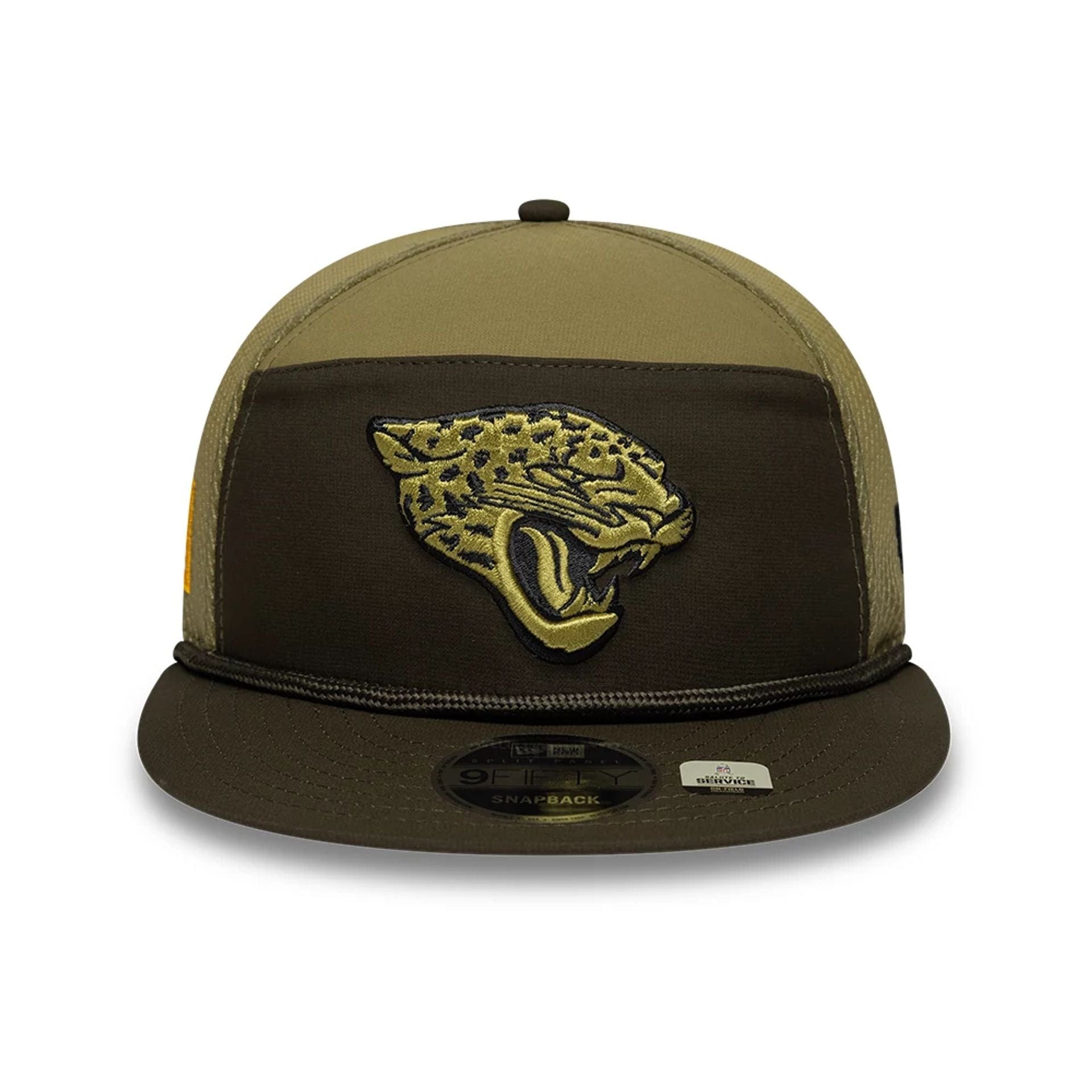 This is a Jacksonville Jaguars NFL Salute To Service 2025 Dark Green 9FIFTY Split Panel Snapback Adjustable Cap 3