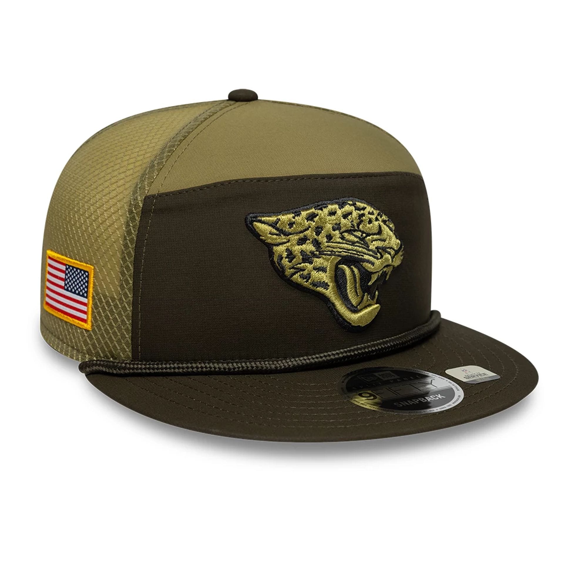 This is a Jacksonville Jaguars NFL Salute To Service 2025 Dark Green 9FIFTY Split Panel Snapback Adjustable Cap 1