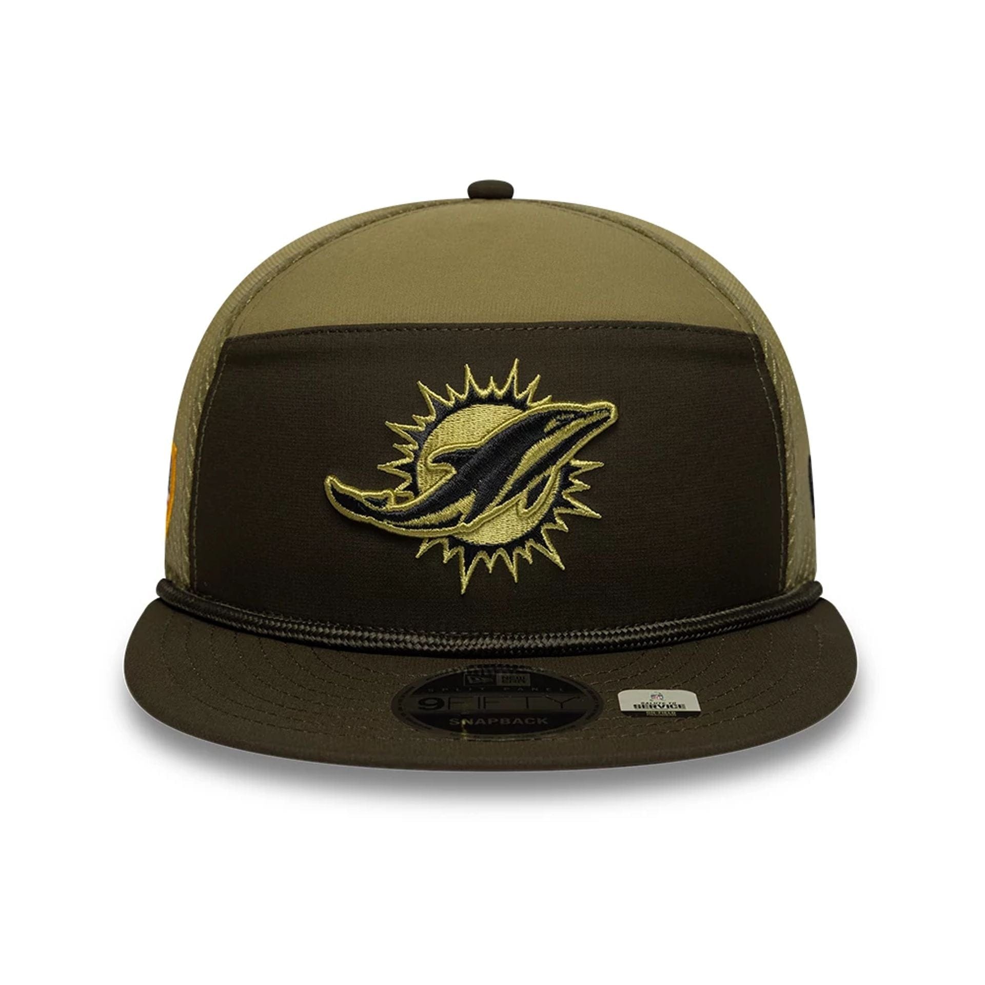 This is a Miami Dolphins NFL Salute To Service 2025 Dark Green 9FIFTY Split Panel Snapback Adjustable Cap 3