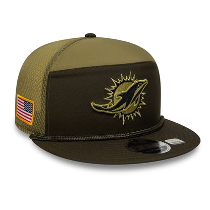 This is a Miami Dolphins NFL Salute To Service 2025 Dark Green 9FIFTY Split Panel Snapback Adjustable Cap 1
