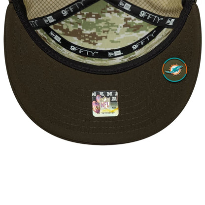 This is a Miami Dolphins NFL Salute To Service 2025 Dark Green 9FIFTY Split Panel Snapback Adjustable Cap 2