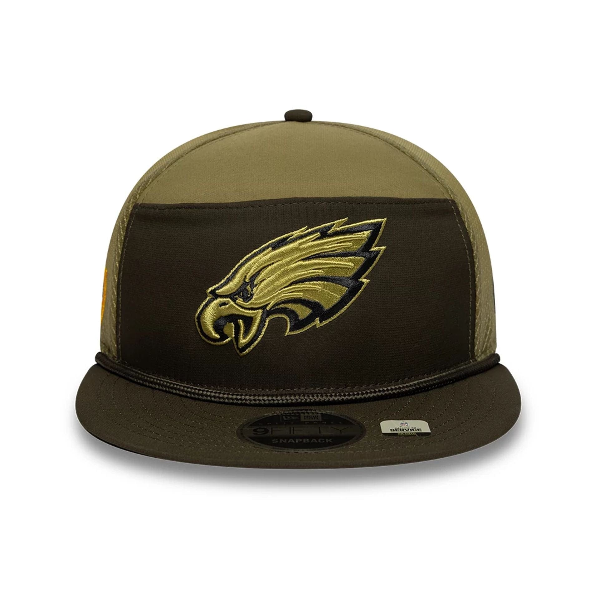 This is a Philadelphia Eagles NFL Salute To Service 2025 Dark Green 9FIFTY Split Panel Snapback Adjustable Cap 3